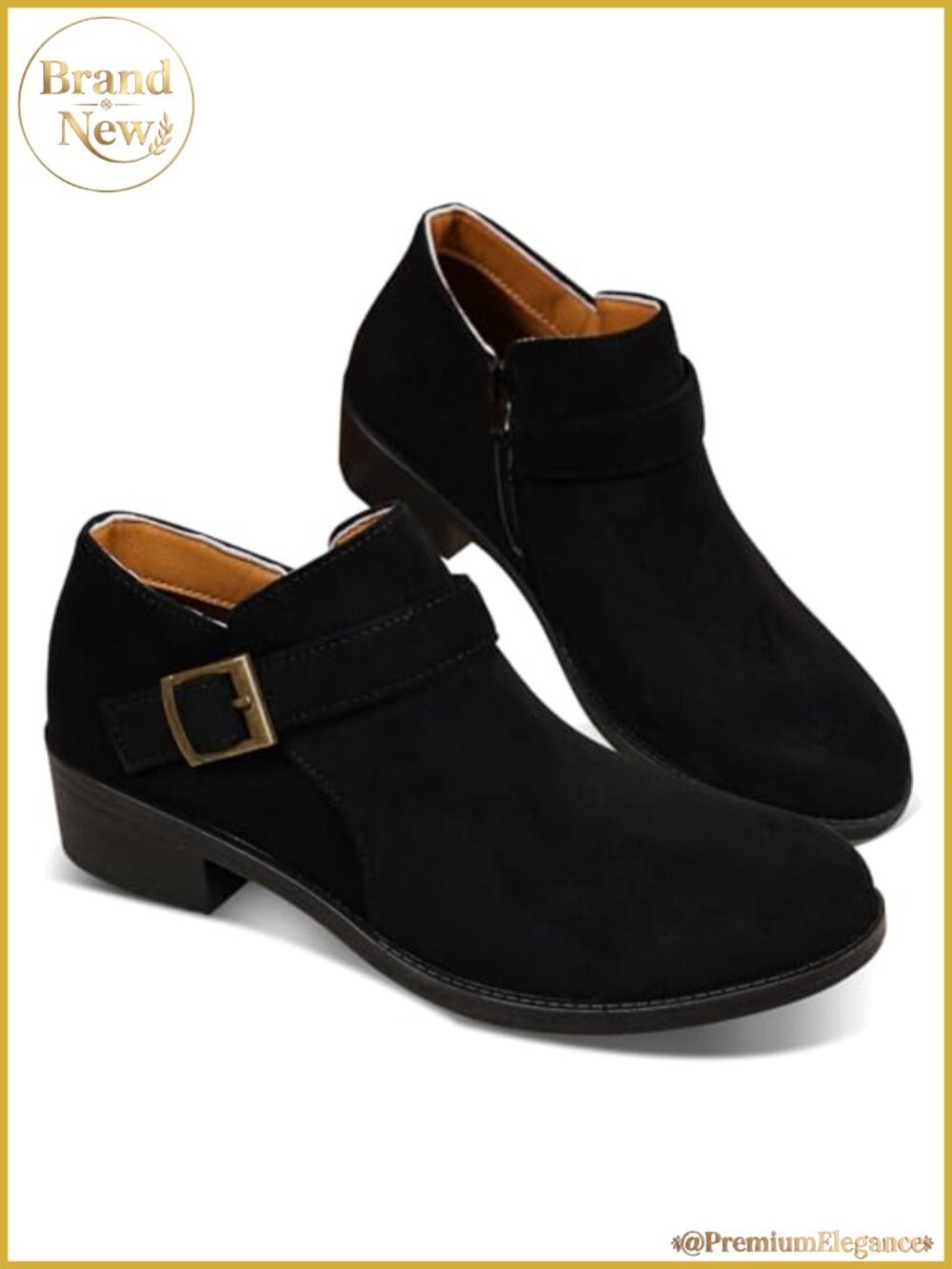Suede Ankle Boots Buckle Strap Low Block Heel Western Casual